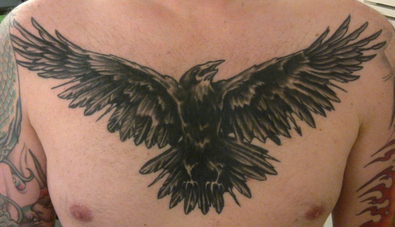 黑色乌鸦俯冲胸部纹身图案