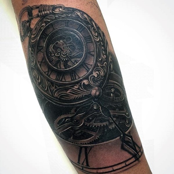 华丽的黑灰机械时钟纹身图案