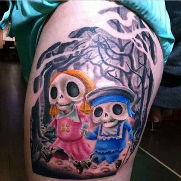 大腿有趣的彩色卡通骷髅人纹身图案