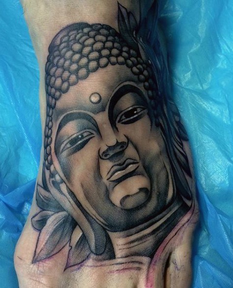 脚背黑色印度教如来佛祖雕像纹身图案