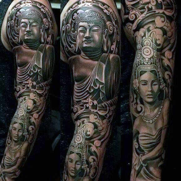 黑灰风格手臂如来佛祖和女性雕像纹身图案