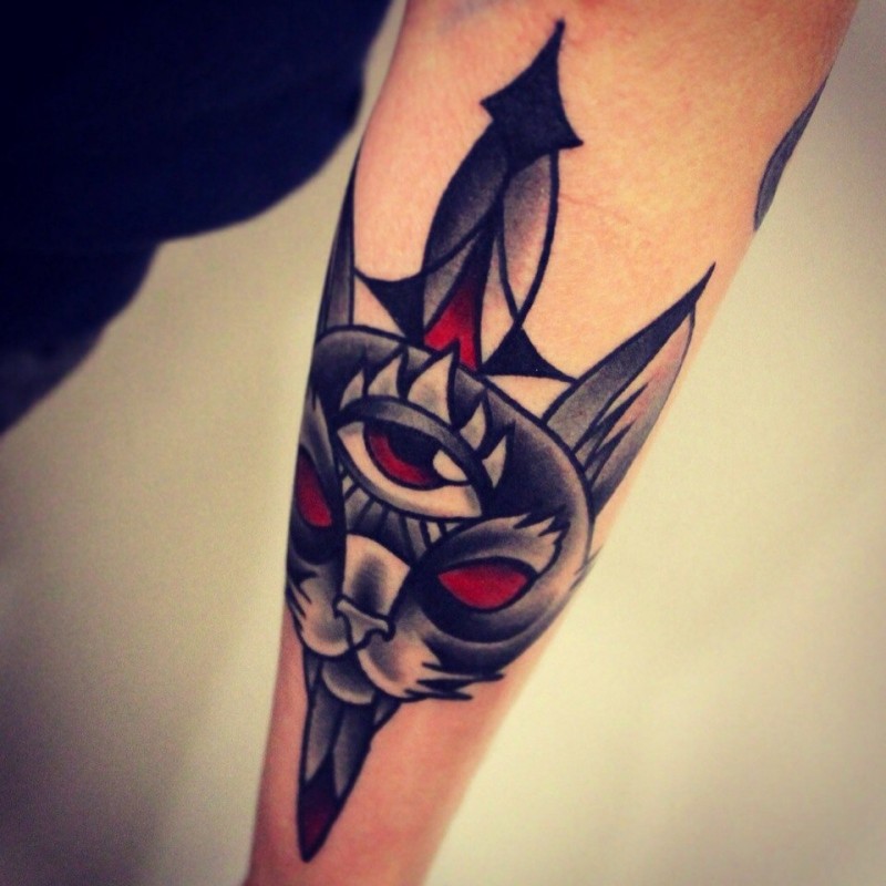 old school神秘恶魔猫和匕首纹身图案