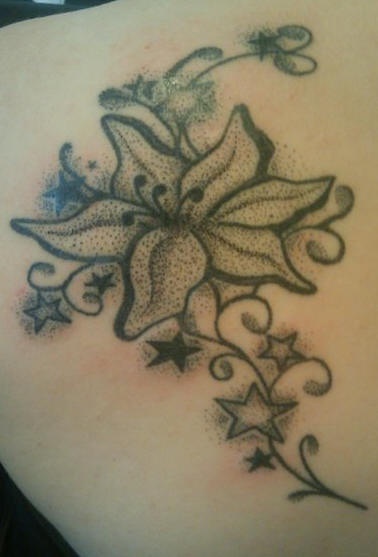 百合花与藤蔓星星点刺黑灰纹身图案
