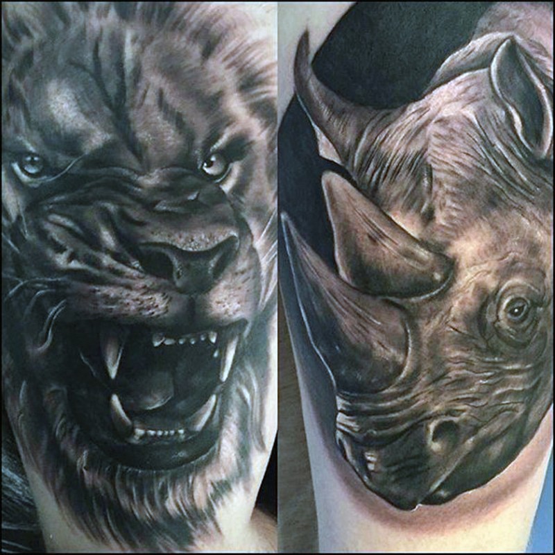 写实的黑白犀牛头部结合咆哮狮子纹身图案