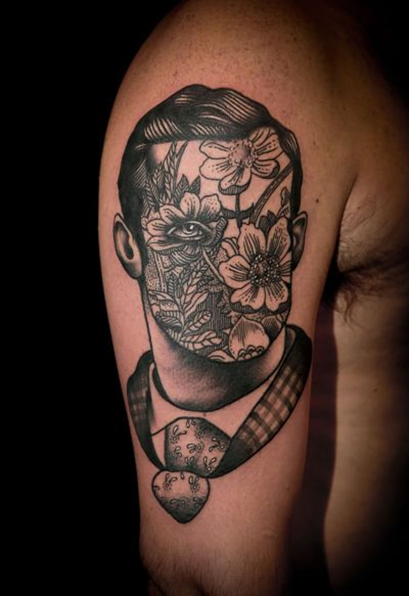 old school手臂黑白肖像与花朵纹身图案