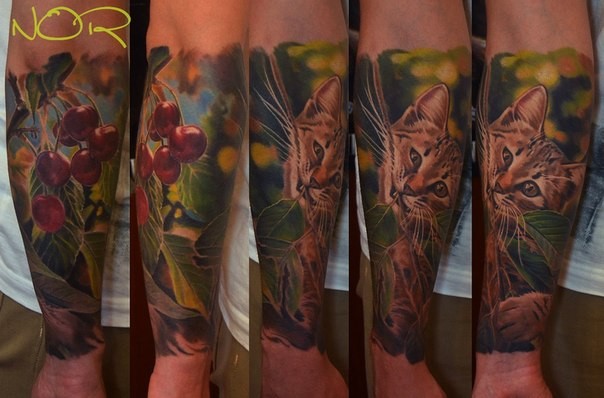 小臂写实风格彩色野猫与樱桃纹身图案