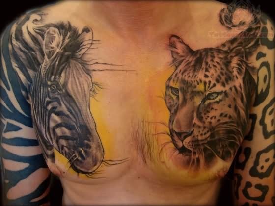 动物世界主题的彩色豹头和斑马胸部纹身图案