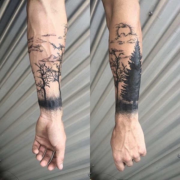 小臂黑色树木和太阳纹身图案