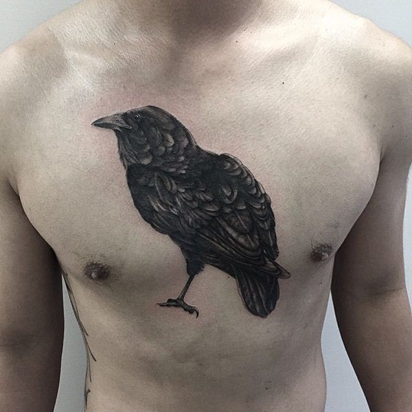 胸部逼真的黑色乌鸦纹身图案