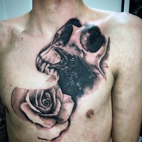 胸部黑灰风格骷髅乌鸦和玫瑰纹身图案