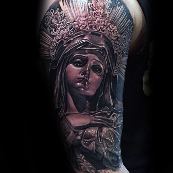黑灰风格彩色逼真的圣女雕像纹身图案