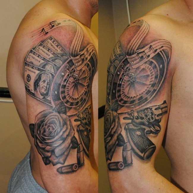 大臂黑灰手枪和金钱玫瑰棋牌纹身图案