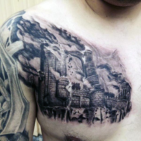 胸部黑白燃烧的城堡纹身图案