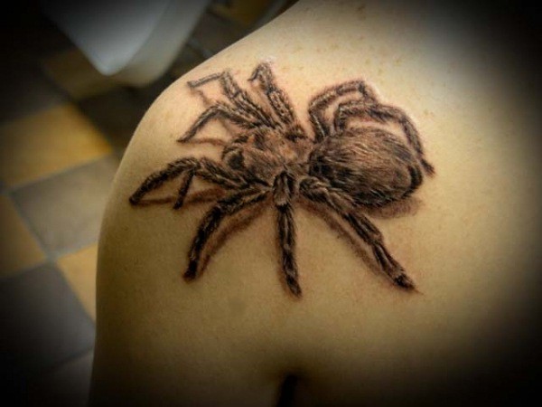 肩部黑色的蜘蛛纹身图案