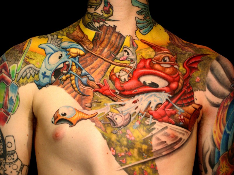 胸部有趣的彩色各种卡通角色纹身图案
