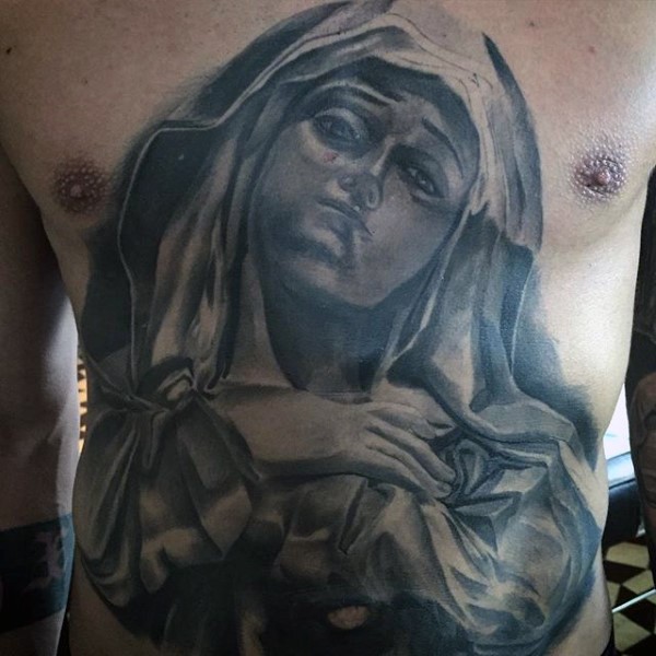 胸部和腹部宗教风格祈祷妇女纹身图案