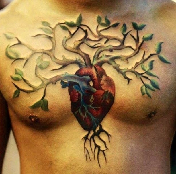 胸部心脏树创意纹身图案