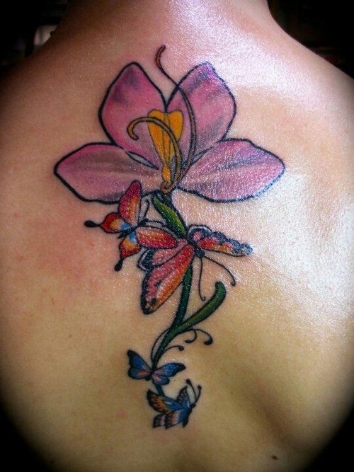 后背花卉和蝴蝶纹身图案