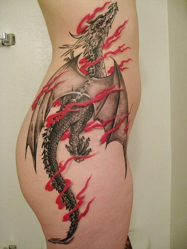 黑灰龙与红色丝带侧肋纹身图案