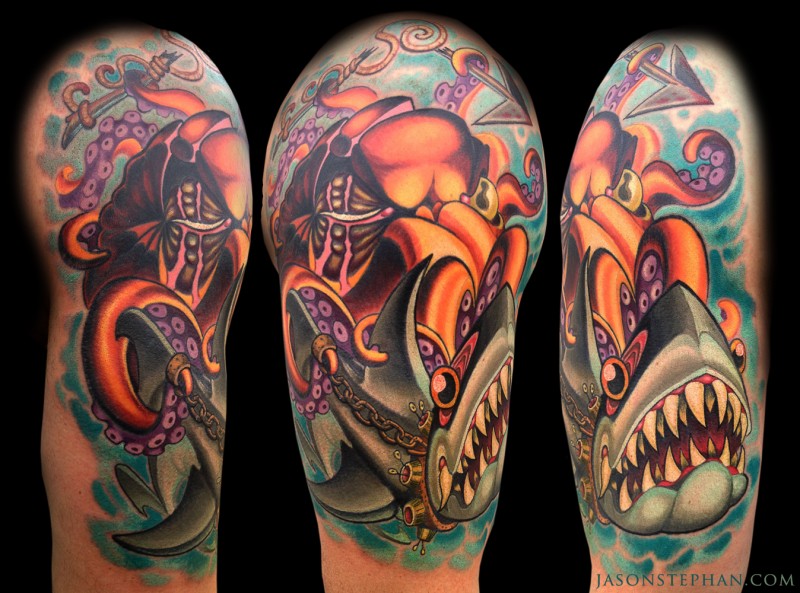 手臂卡通彩色章鱼和鲨鱼纹身图案