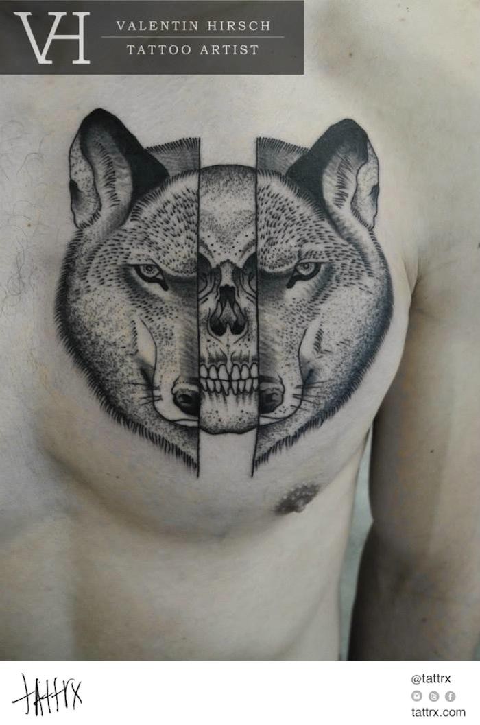 胸部雕刻风格黑色骷髅结合狼头纹身图案