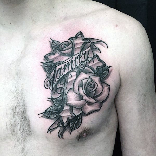 胸部玫瑰藤蔓英文字母纹身图案
