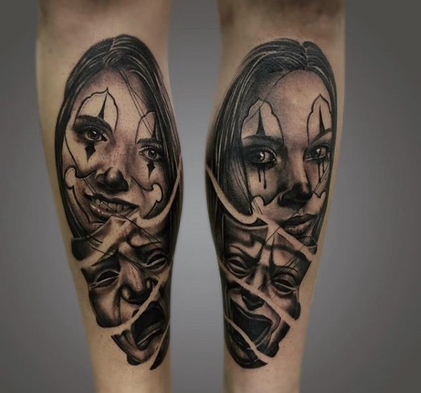 墨西哥传统风格黑白妇女与面具纹身图案