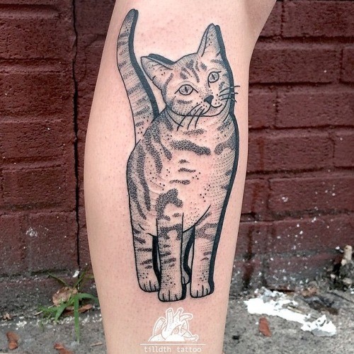 漂亮的黑灰猫小腿纹身图案