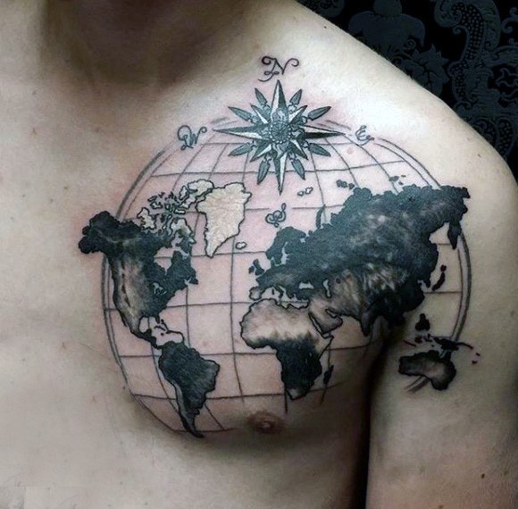 胸部黑白航海主题世界地图纹身图案
