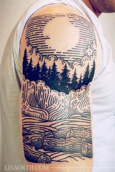 简单的黑色线条森林与月亮纹身图案