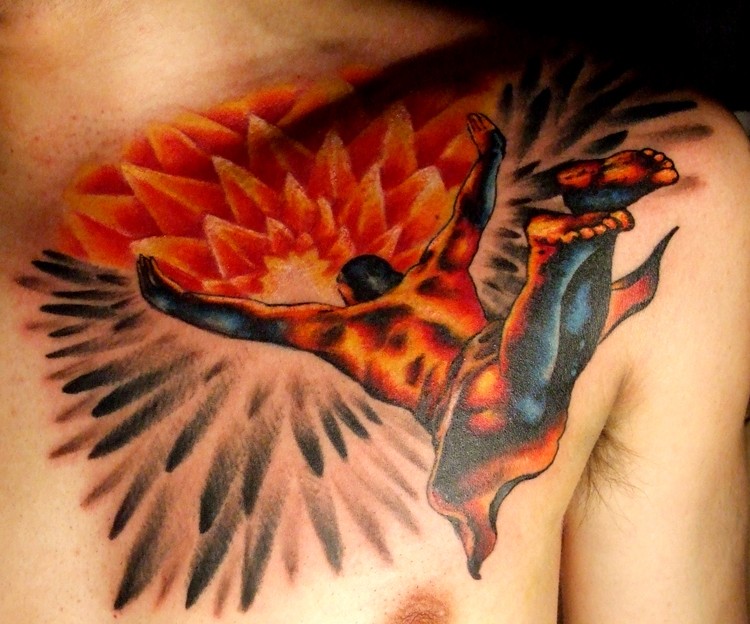 胸部插画风格彩色飞翔的伊卡洛纹身图案