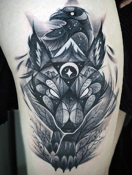 黑灰狼头与乌鸦纹身图案