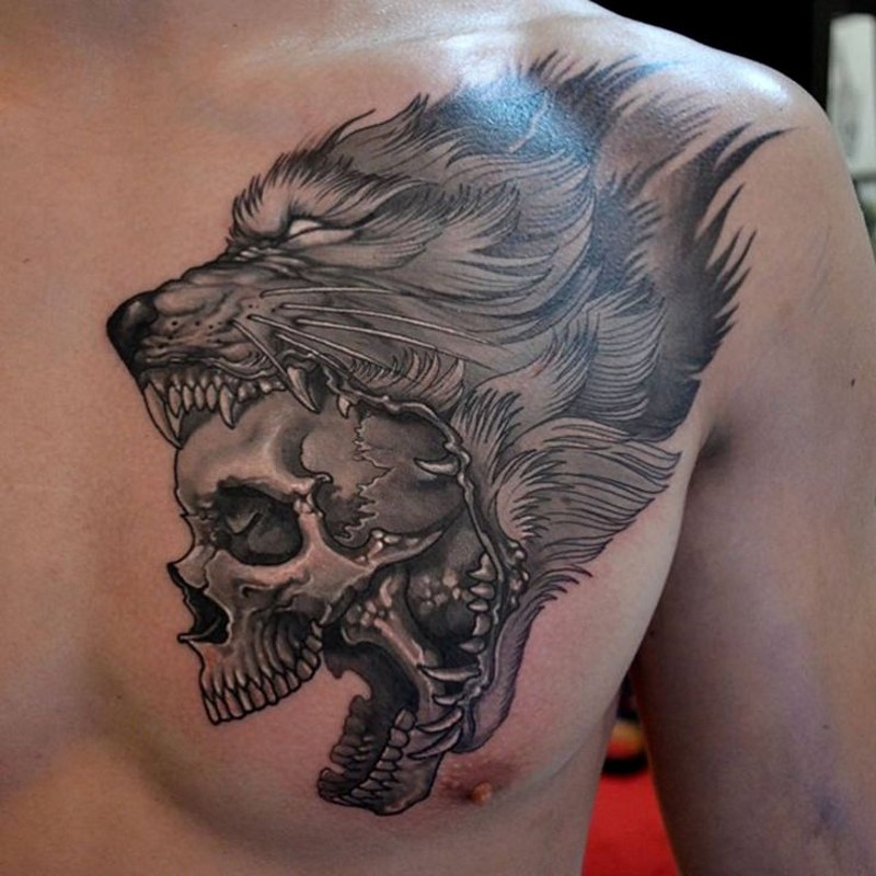 写实的骷髅狼头胸部纹身图案