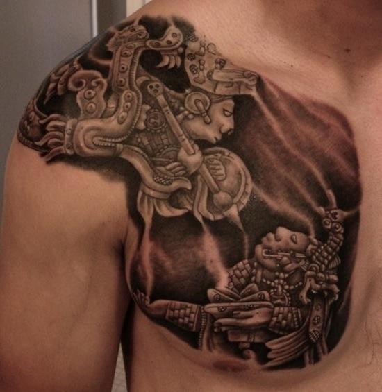 肩部和胸部黑灰小丑神塑像纹身图案