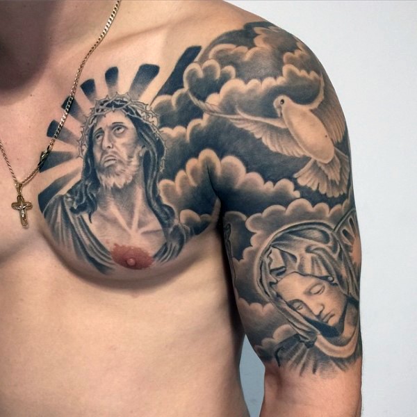 半甲黑灰宗教风格耶稣圣母鸽子纹身图案