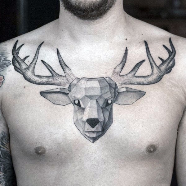 胸部半几何半雕式黑色鹿头纹身图案