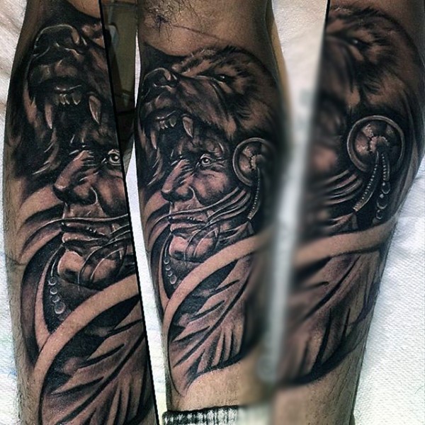 手臂惊人的写实黑色印度酋长和狼头纹身图案