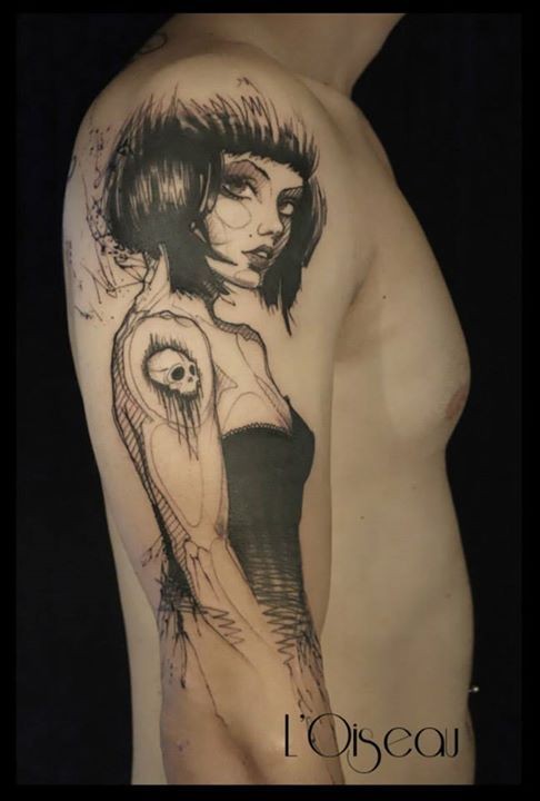 大臂插画风格黑色女人与骷髅纹身图案