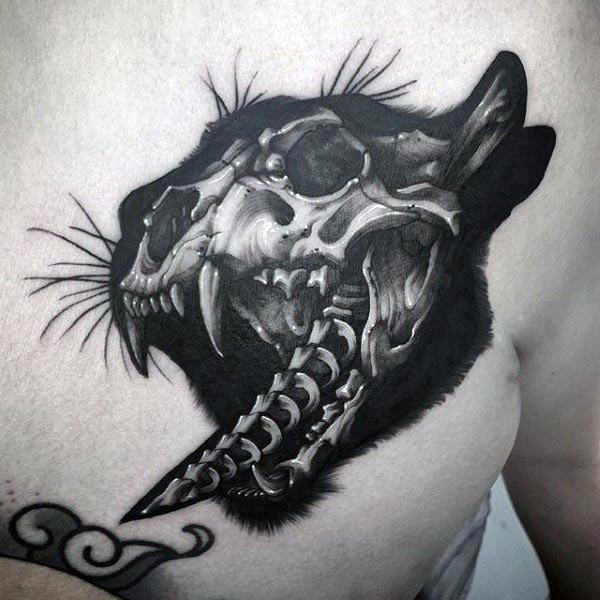 令人毛骨悚然的黑白猫骷髅纹身图案