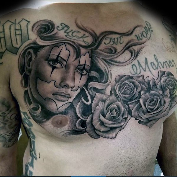 胸部new school彩色玫瑰字母和女人肖像纹身图案