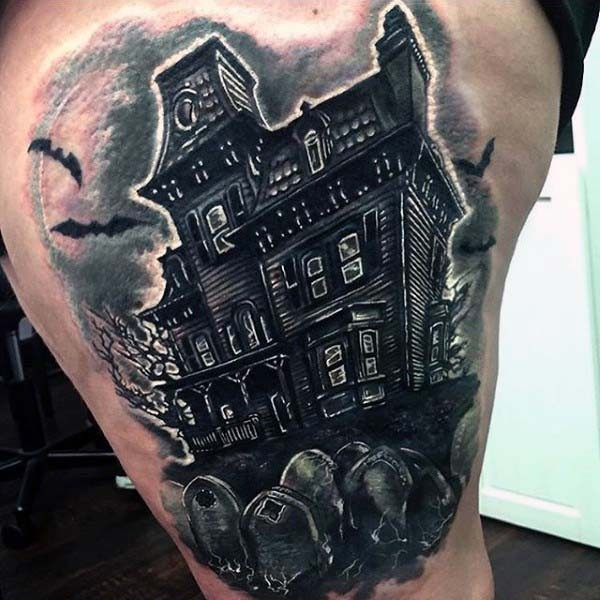 大腿黑灰神秘的房子与蝙蝠墓地纹身图案