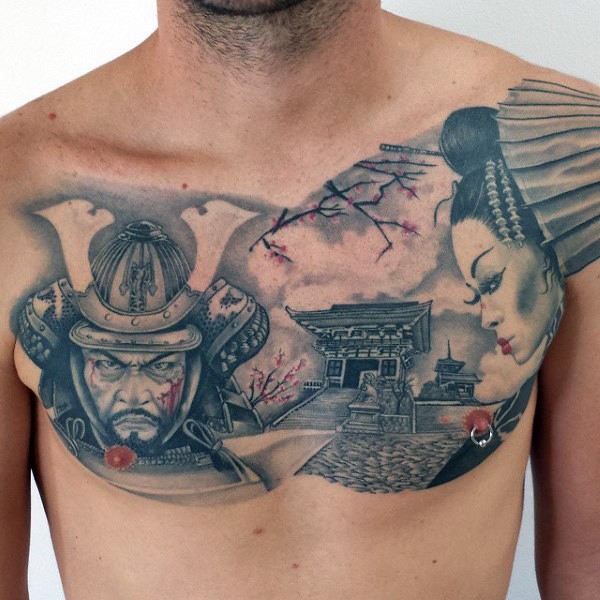 胸部日本传统风格彩色武士艺妓房屋纹身图案