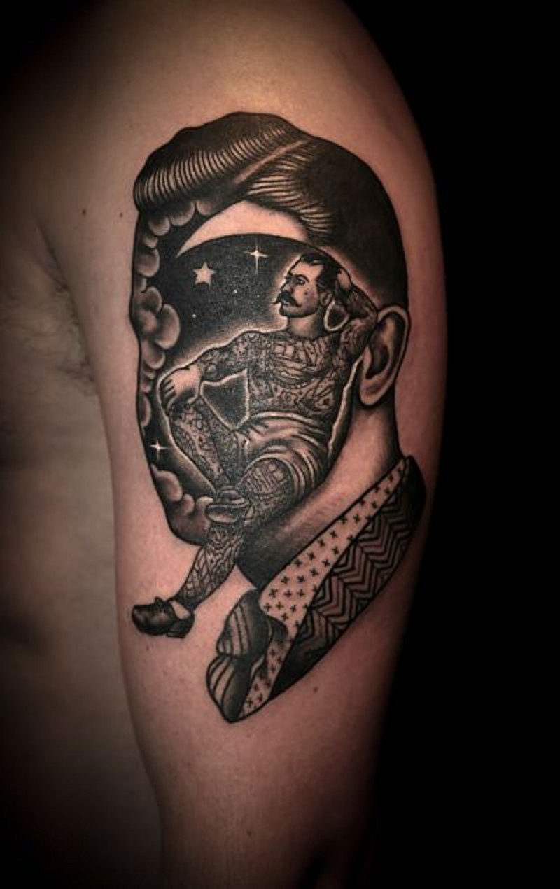 大臂old school黑白人头肖像与人纹身图案