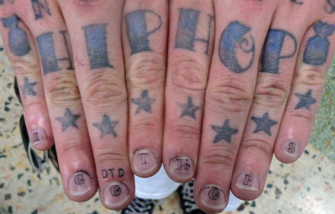 手指蓝色的星星和字母纹身图案