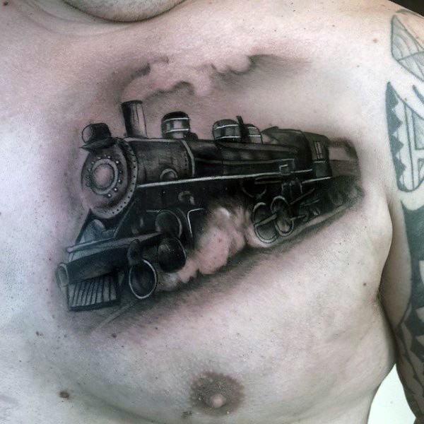 胸部写实的蒸汽火车黑灰纹身图案