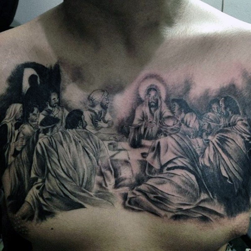 胸部黑色宗教主题人物纹身图案