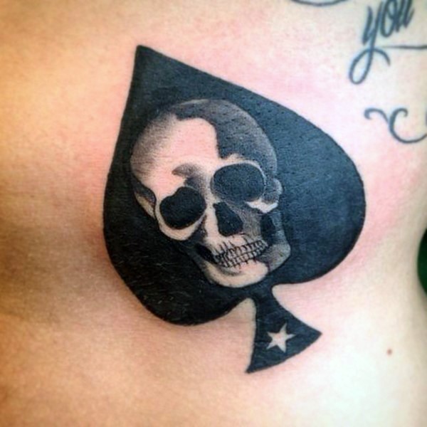 黑色的黑桃标志与骷髅和星星纹身图案