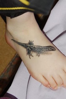 脚背写实的黑色蜥蜴纹身图案