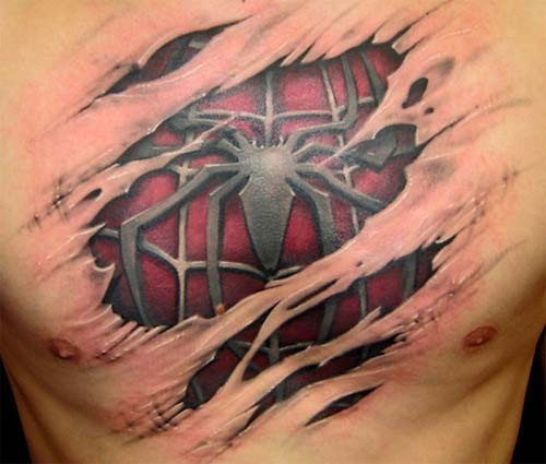 黑蜘蛛和红色背景撕皮胸部纹身图案