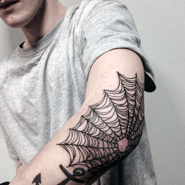 手肘黑色精致的蜘蛛网纹身图案